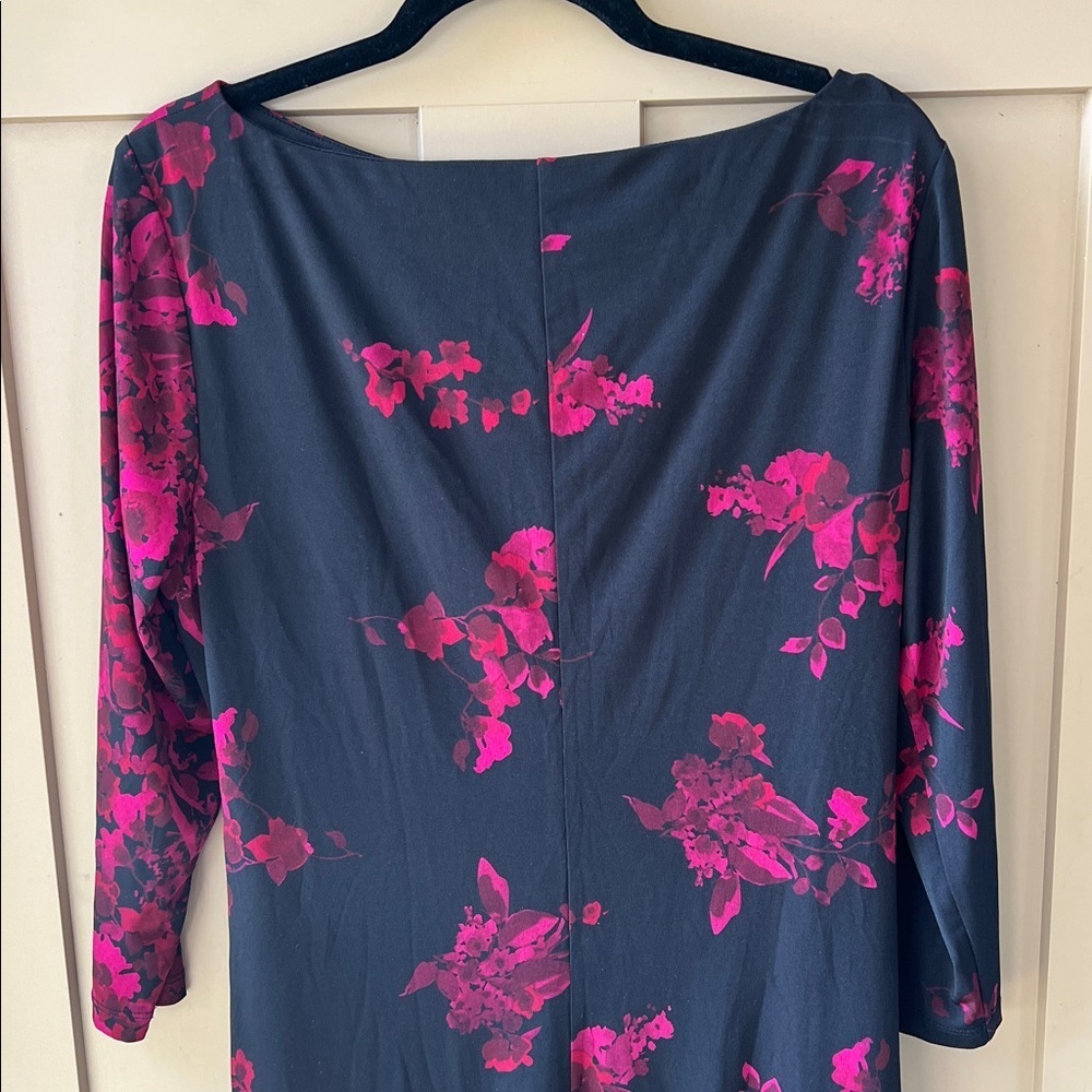 Chaps XL Black Floral Side Ruched 3/4 Sleeve Stretch Knit Midi Dress - Picture 6 of 8